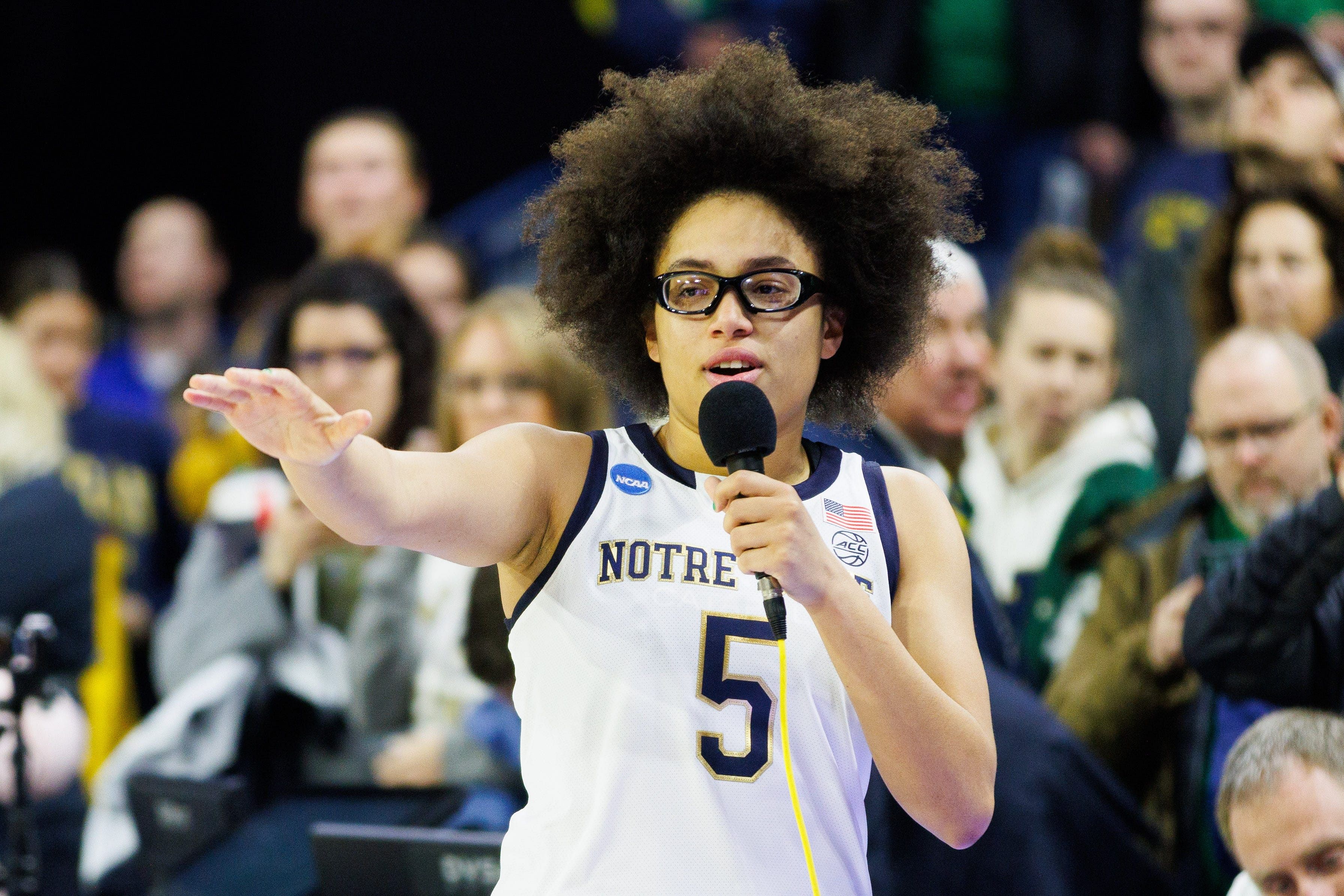 Notre Dame guard Olivia Miles addresses the crowd after beating Michigan in the 2025 NCAA Tournament. Photo: Imagn